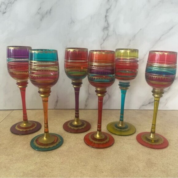 Pier 1 Multi-Color Hand Painted Jewel Toned Long Stem Glasses Set 6 - Picture 3 of 12